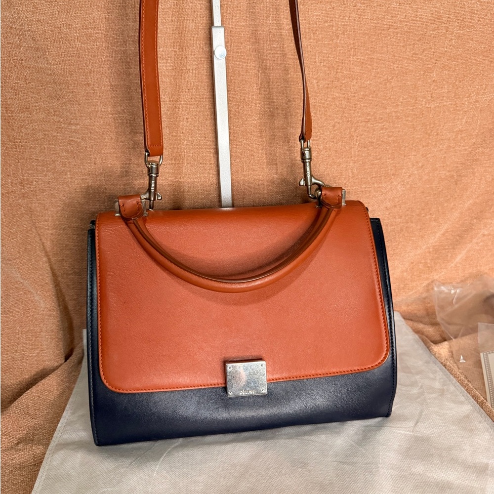 CELINE Trapeze Small Leather 2way Shoulder Bag Sky Blue& Navy & Brown - Picture 13 of 16